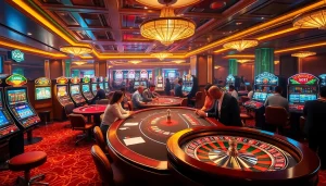 Engage in thrilling gameplay at GO8, featuring an elegant online casino interface with vibrant tables and slot machines.