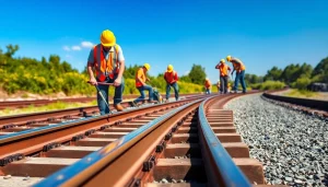 Workers laying tracks in a professional railroad construction scene by Railroad Contractors USA.