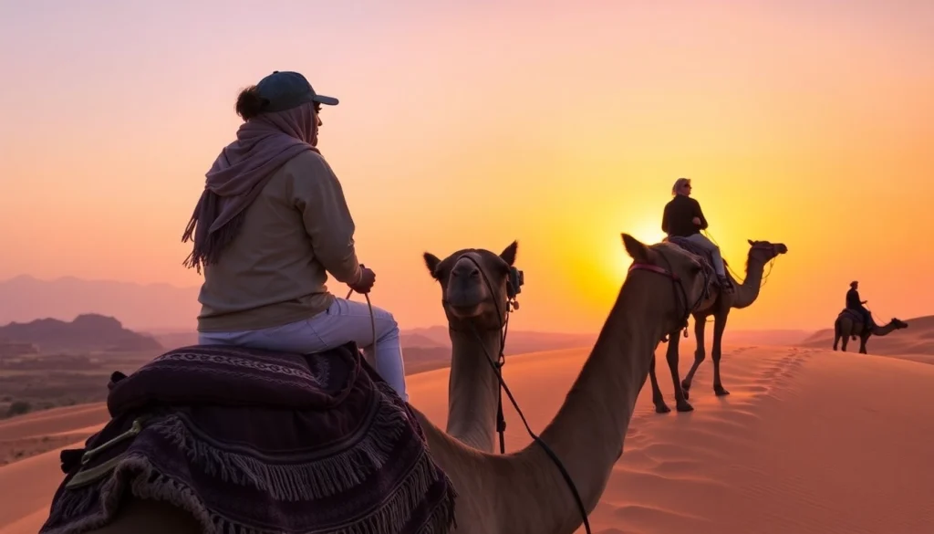 Camel ride Marrakech at sunset with riders on camels in Agafay Desert.