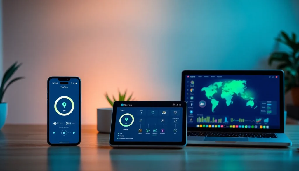 快连下载 app interface displayed on smartphone, tablet, and laptop in a cozy workspace