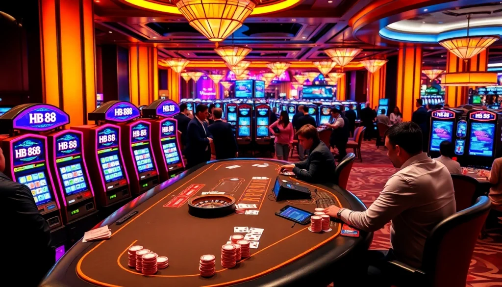 Experience thrilling gameplay at HB 88 with vibrant casino visuals, including betting tables and slot machines.