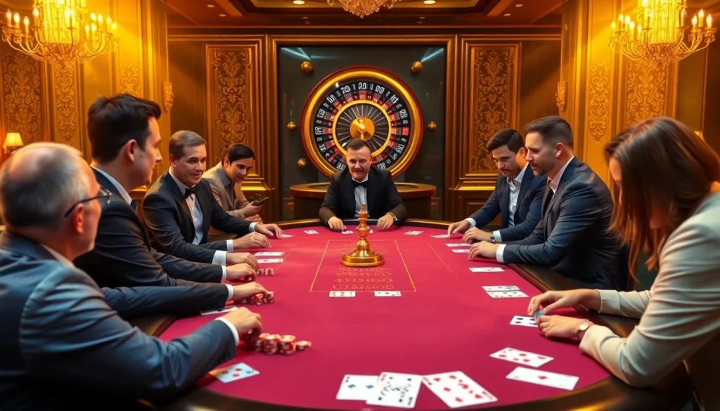 Berinteraksi dengan Obral Toto saat para pemain merencanakan strategi di meja poker mewah di tengah elemen kasino yang hidup.