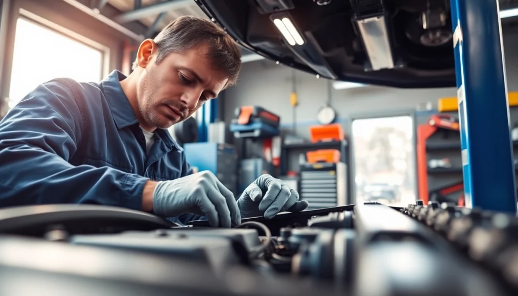 Find a reliable mechanic near me working on a vehicle in a bright garage.