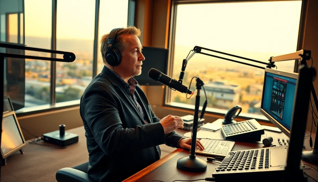 Engaging radio broadcast scene at hometownstation.com with vibrant Santa Clarita backdrop.