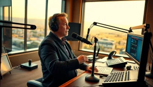 Engaging radio broadcast scene at hometownstation.com with vibrant Santa Clarita backdrop.