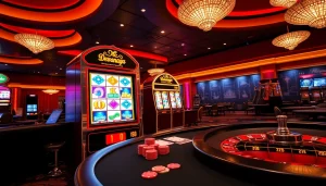 Dewanaga89 slot login: berinteraksi dengan mesin slot yang berwarna-warni dan meja kasino dalam suasana mewah.