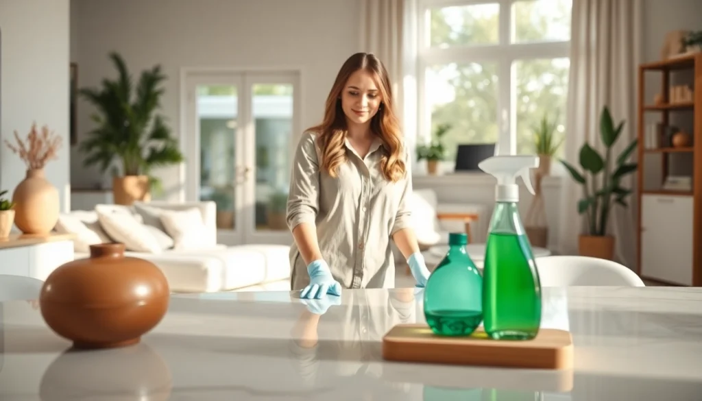 Enhance your space with this cleaning service that showcases organized living areas and a professional cleaner.