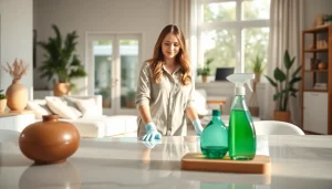 Enhance your space with this cleaning service that showcases organized living areas and a professional cleaner.