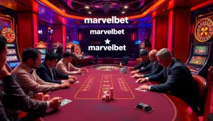Marvelbet's exciting poker table and vibrant casino atmosphere with players and slot machines.