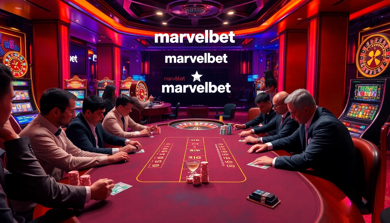 Marvelbet's exciting poker table and vibrant casino atmosphere with players and slot machines.