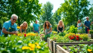 Gardening in a lively community garden with diverse plants and smiling gardeners.