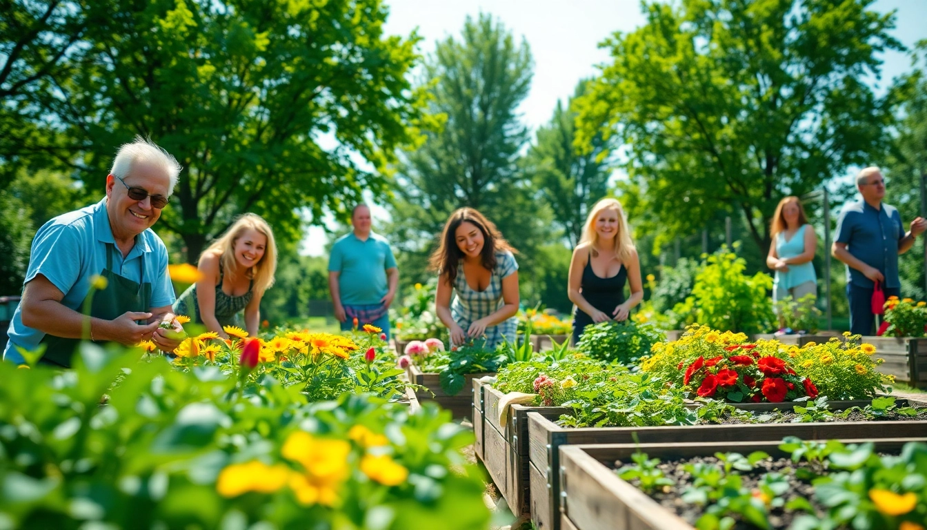 Gardening in a lively community garden with diverse plants and smiling gardeners.