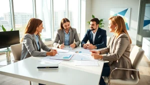 Engaging real estate agents collaborating on listings at a modern office setting