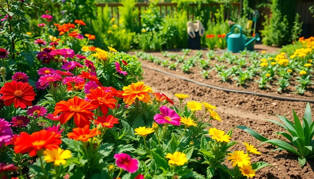 Gardening scene showcasing vibrant flowers and lush plants in a sunny backyard.