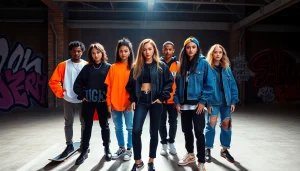 Stylish model group showcasing the latest premium streetwear label fashion in an urban setting.