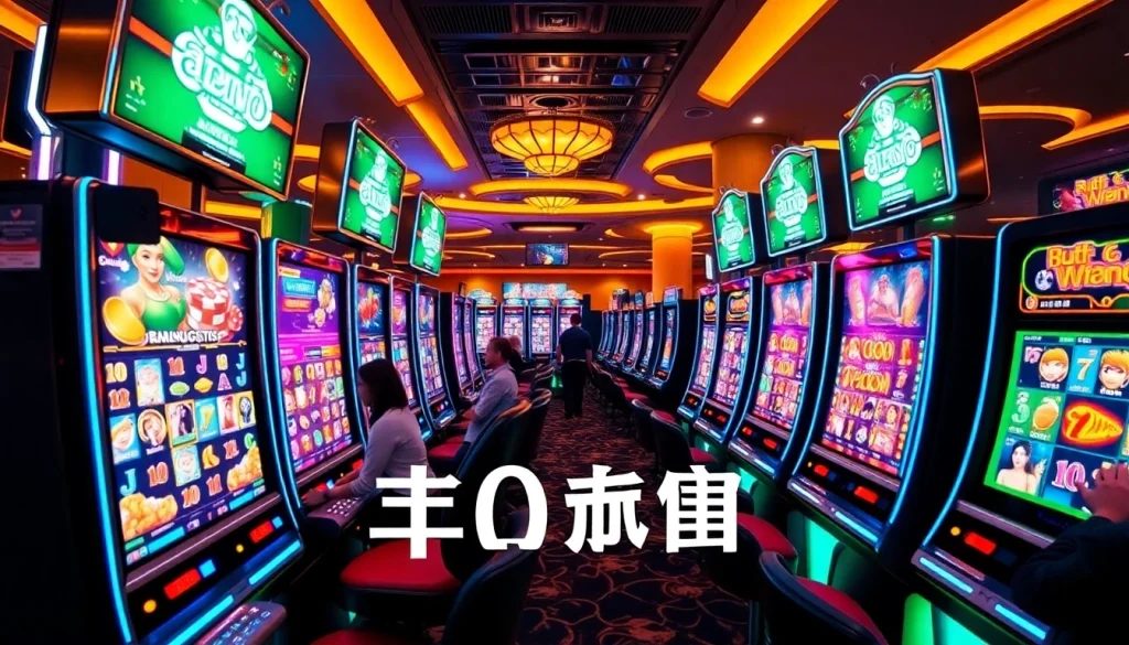 Immersive online 슬롯 gaming experience with colorful machines and excited players.