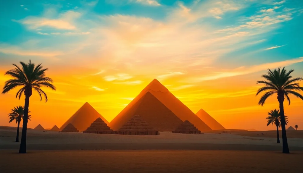 Captivating sunset view of the Giza Pyramids, showcasing https://emegypt.net's rich historical heritage.