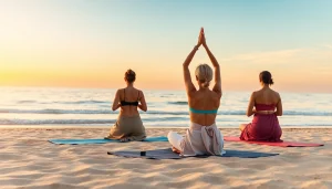 orbitnix.com에서 요가를 하는 평화로운 해변 풍경의 모습입니다.