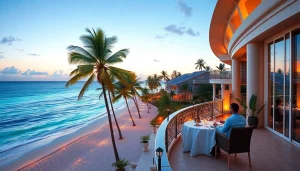 Luxury travel destinations in a tropical resort with stunning ocean views and romantic dining atmosphere.