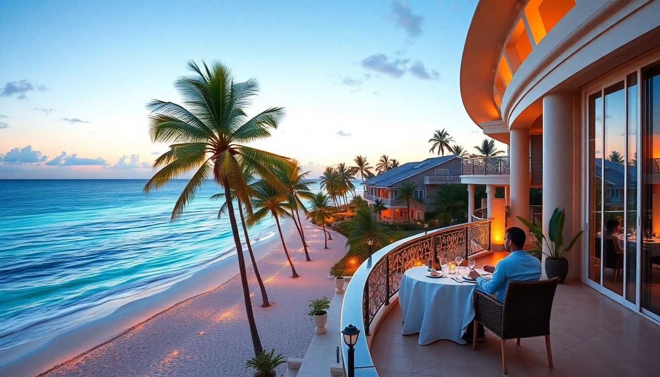 Luxury travel destinations in a tropical resort with stunning ocean views and romantic dining atmosphere.