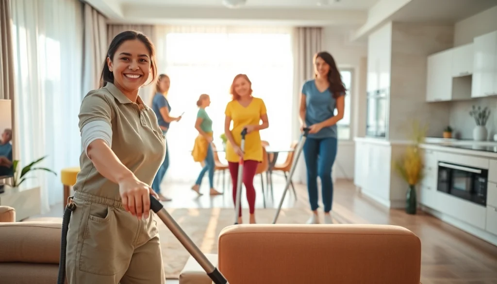 Providing a thorough cleaning service in a pristine living room with happy cleaners.