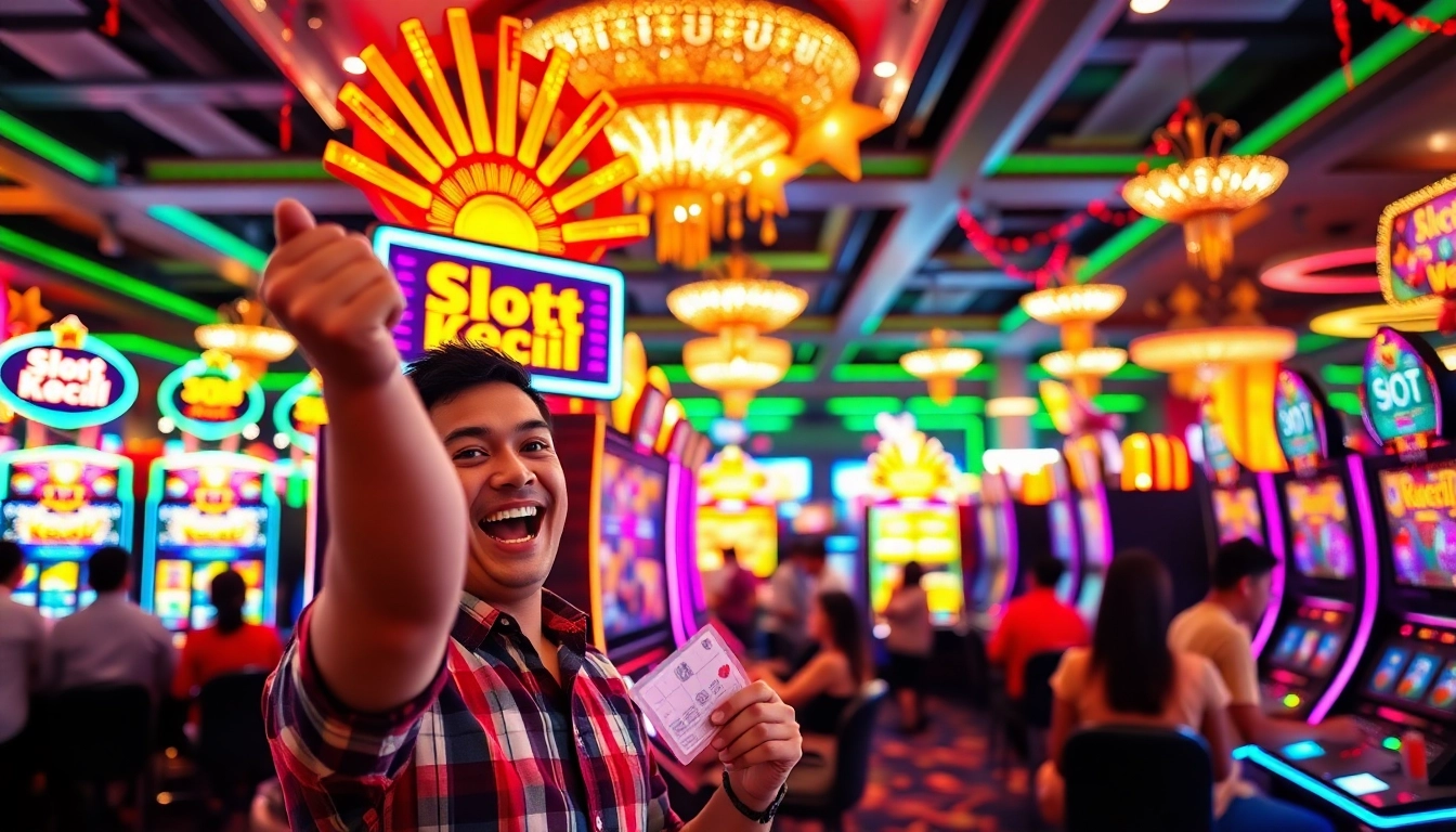 Bermain dengan slot bet kecil, pemain merayakan kemenangan di kasino yang meriah.