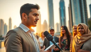 تغطية أخبار Emiratenewsday.com في صباح مشمس مع مراسل يتحدث إلى المواطنين.