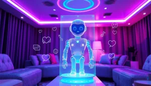 Engaging AI chatbot in a cozy digital lounge, representing the theme of sex AI and human emotions.