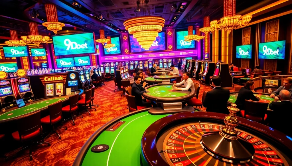 Players enjoying a thrilling gaming experience at 9Dbet casino with vibrant tables and exciting games.