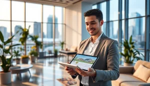 Real Estate agent discussing features of a property in a bright modern office setting.