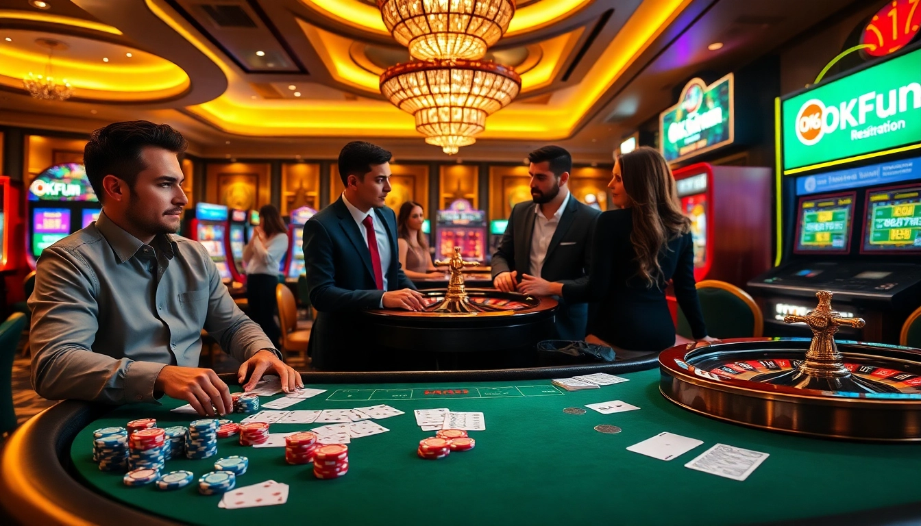 Engaging scene of OKFUN đăng ký with vibrant casino table, poker chips, and excited players.