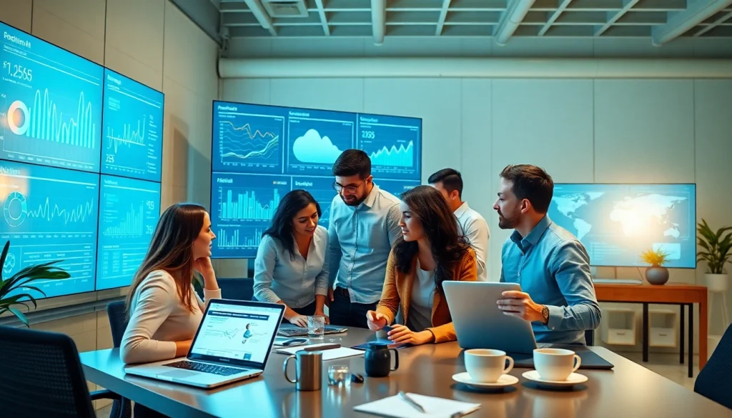 Engaged team at https://benchbot.ai analyzing AI testing metrics in a modern office environment.