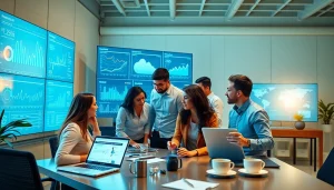 Engaged team at https://benchbot.ai analyzing AI testing metrics in a modern office environment.