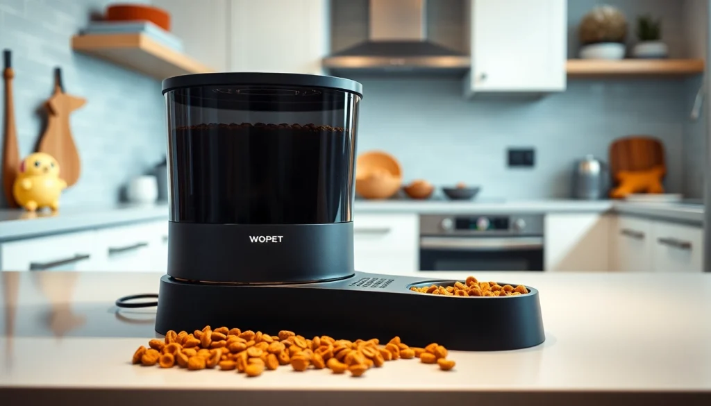 WOPET automatic pet feeder prominently displayed in a modern kitchen setting with kibble inside.