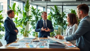 Engage with industrial leasing opportunities featuring agents in a modern office.