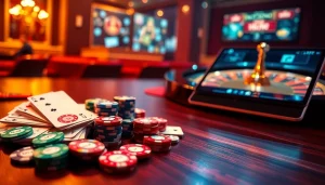 Engage with the thrilling games at https://3king.cn.com/, featuring cards, chips, and a roulette wheel in a luxurious casino setting.