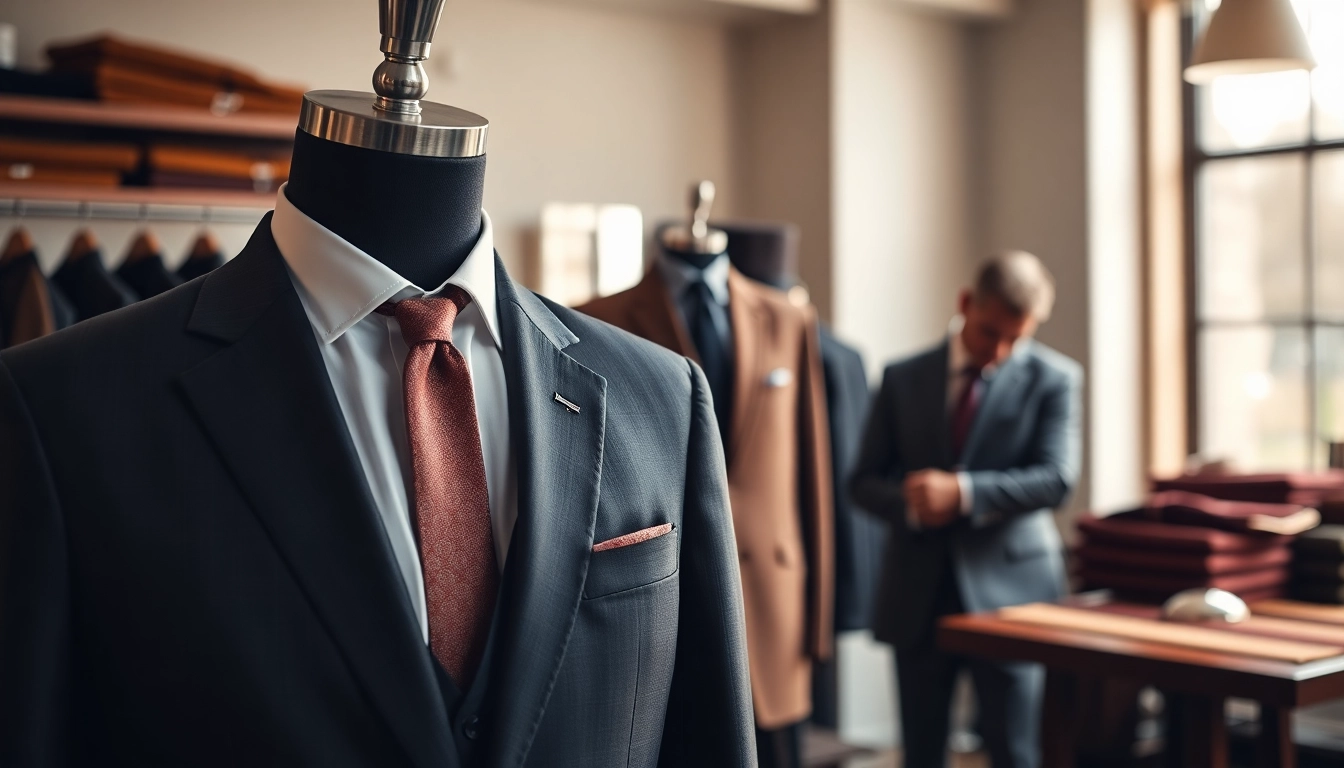 Tailored bespoke custom made suits showcased in a luxurious tailor shop.