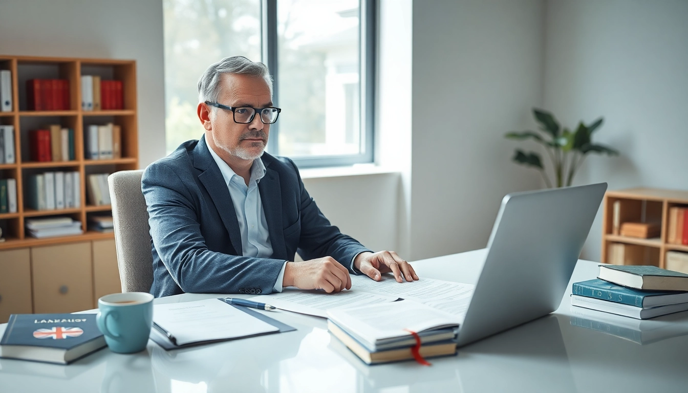 Traducteur assermenté au travail, traduisant des documents juridiques de l’anglais vers le français.