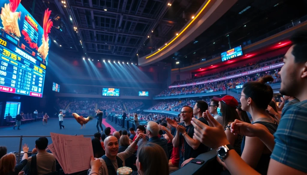 Engaging visuals of đá gà trực tiếp thomo with live match excitement and spectators cheering.