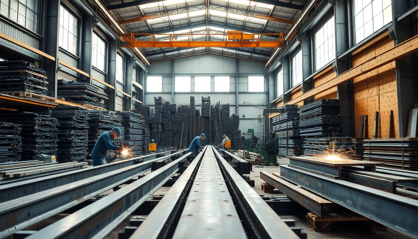 Workers engaged in structural steel fabrication in a sunlight-filled industrial workshop, showcasing precision and craftsmanship.
