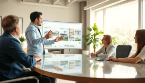 Showcase of real estate discussions between an agent and clients in a modern office setting.