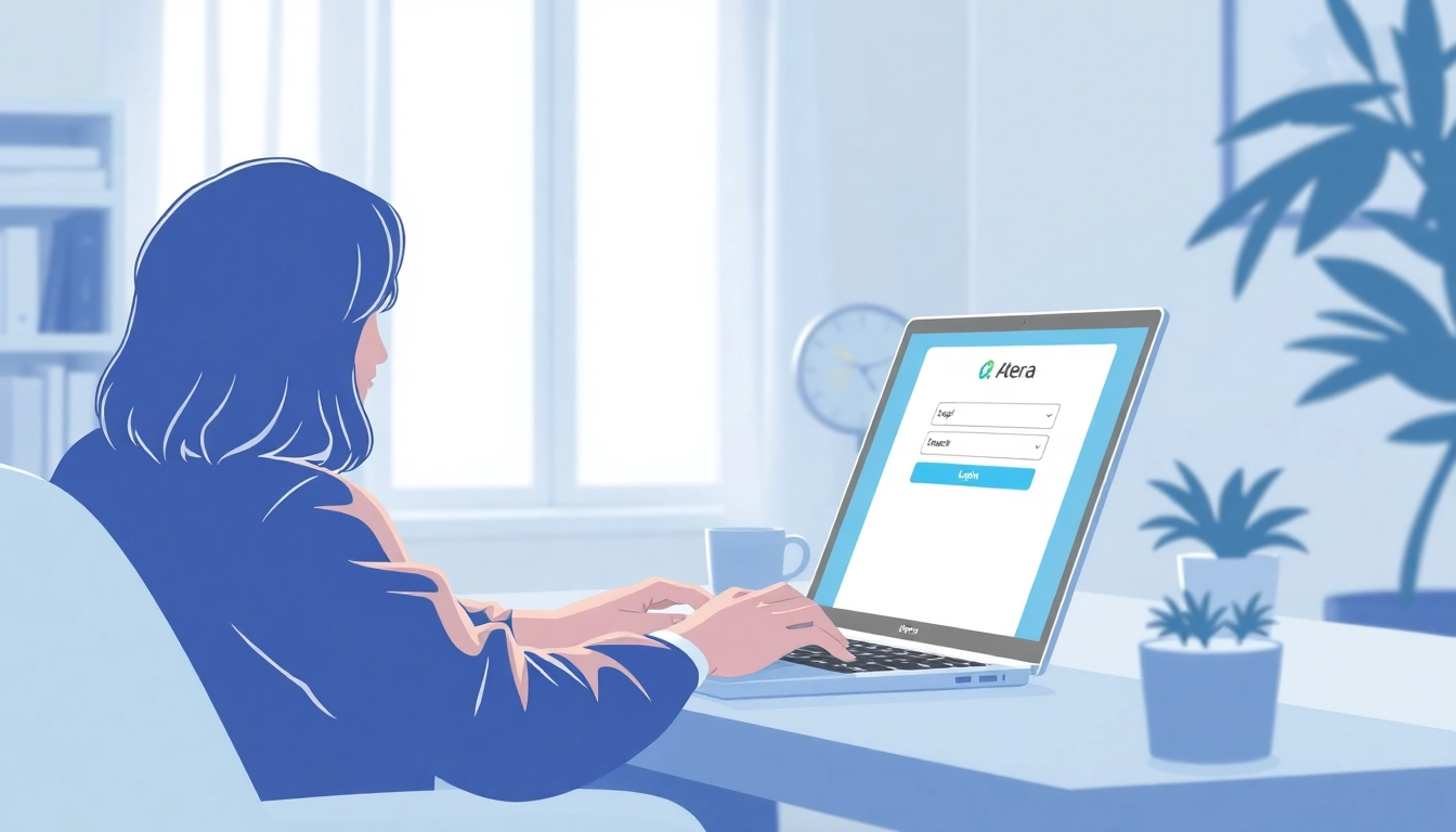 Atera login screen displayed on a laptop in a well-organized home office environment.