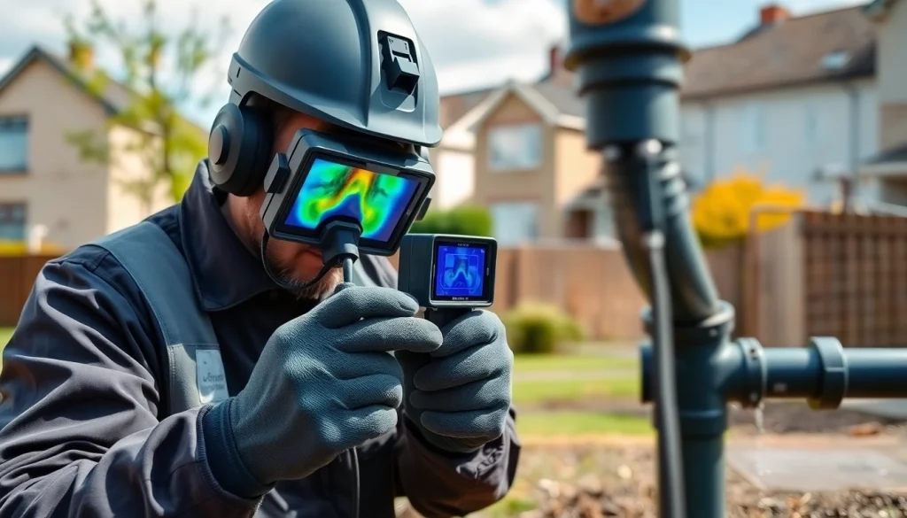 Inspecting leak detection equipment in Falkirk, showcasing expert leak detection Falkirk services.