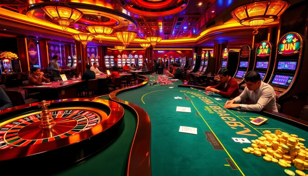 Exciting scene showcasing JUN 88 casino games with vibrant players at poker tables and colorful slot machines.