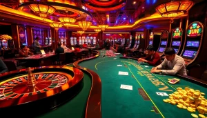 Exciting scene showcasing JUN 88 casino games with vibrant players at poker tables and colorful slot machines.