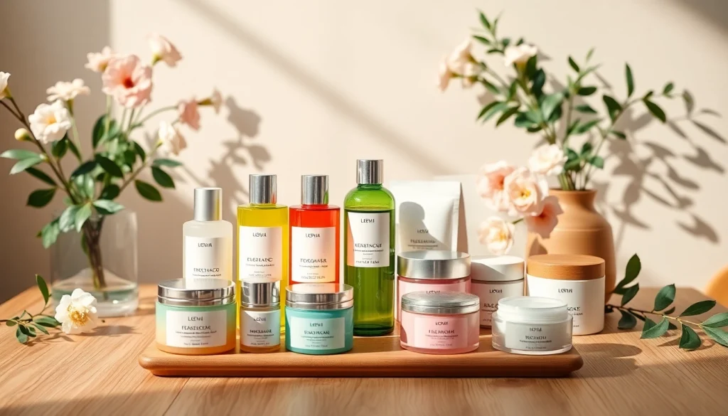 K-Beauty Sverige-produkter elegant visade, som framhäver innovativ koreansk hudvård i en lugn och inbjudande miljö.