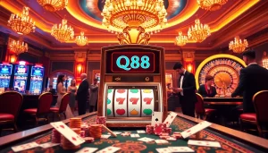 Nổ Hũ QH88 slot machine image showcasing players enjoying a luxurious casino atmosphere.