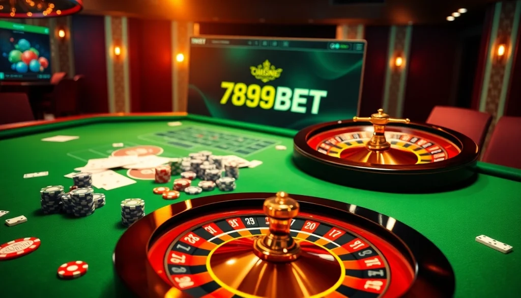 Experience lively casino action with 789BET poker chips, cards, and a roulette wheel in an elegant setting.