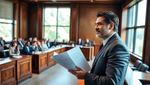 Showcasing agricultural law expertise, a lawyer confidently presents in a modern courtroom.