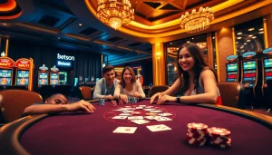 Excited players enjoy a luxurious poker game at Betsson's upscale casino.